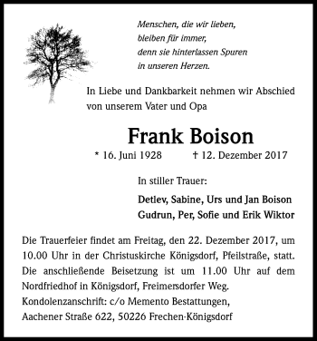 Anzeige von Frank Boison von Kölner Stadt-Anzeiger / Kölnische Rundschau / Express