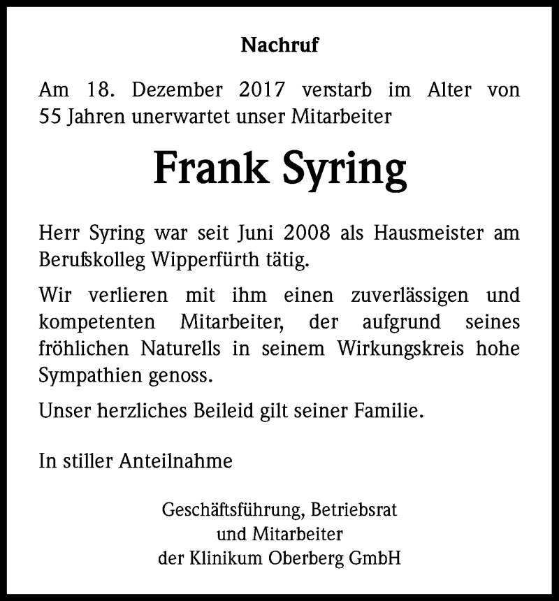  Traueranzeige für Frank Syring vom 30.12.2017 aus Kölner Stadt-Anzeiger / Kölnische Rundschau / Express