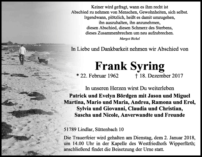  Traueranzeige für Frank Syring vom 27.12.2017 aus Kölner Stadt-Anzeiger / Kölnische Rundschau / Express