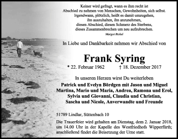 Anzeige von Frank Syring von Kölner Stadt-Anzeiger / Kölnische Rundschau / Express