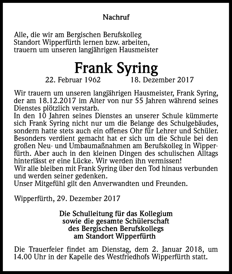  Traueranzeige für Frank Syring vom 30.12.2017 aus Kölner Stadt-Anzeiger / Kölnische Rundschau / Express