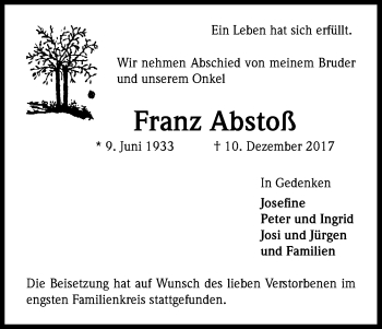 Anzeige von Franz Abstoß von Kölner Stadt-Anzeiger / Kölnische Rundschau / Express