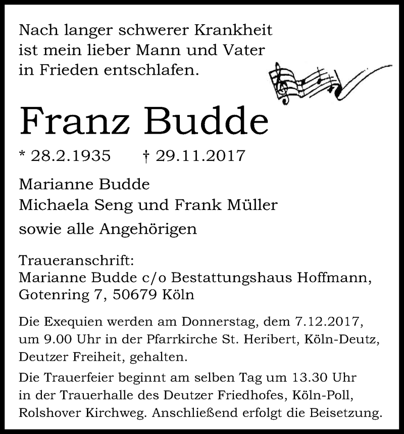  Traueranzeige für Franz Budde vom 02.12.2017 aus Kölner Stadt-Anzeiger / Kölnische Rundschau / Express
