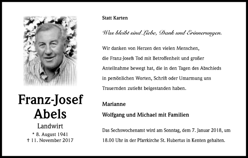  Traueranzeige für Franz-Josef Abels vom 30.12.2017 aus Kölner Stadt-Anzeiger / Kölnische Rundschau / Express