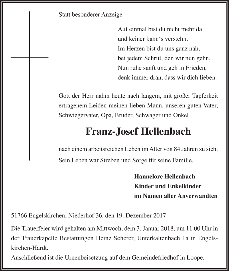  Traueranzeige für Franz-Josef Hellenbach vom 28.12.2017 aus  Anzeigen Echo 