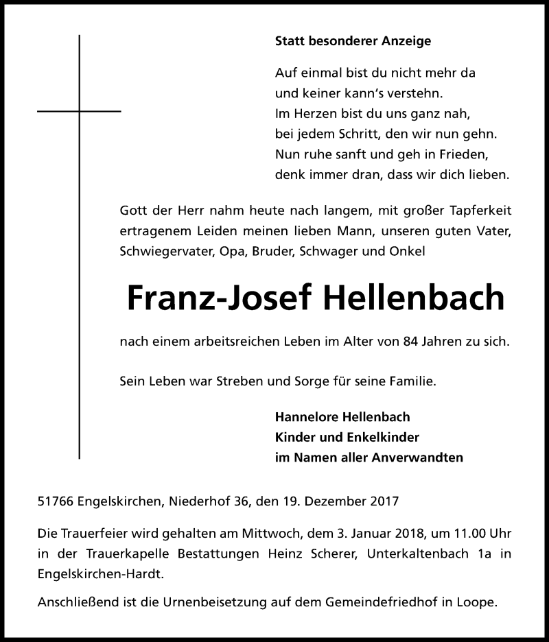  Traueranzeige für Franz-Josef Hellenbach vom 23.12.2017 aus Kölner Stadt-Anzeiger / Kölnische Rundschau / Express