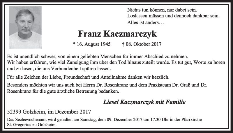  Traueranzeige für Franz Kaczmarczyk vom 02.12.2017 aus  Sonntags-Post 