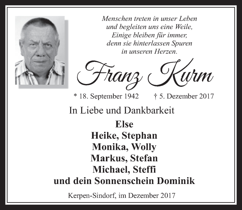  Traueranzeige für Franz Kurm vom 13.12.2017 aus  Werbepost 
