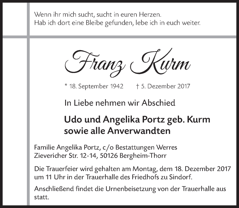  Traueranzeige für Franz Kurm vom 13.12.2017 aus  Werbepost 