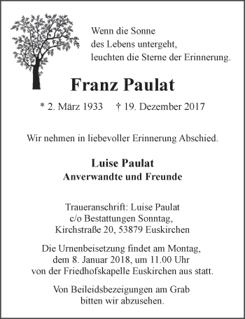Anzeige von Franz Paulat von  Blickpunkt Euskirchen 