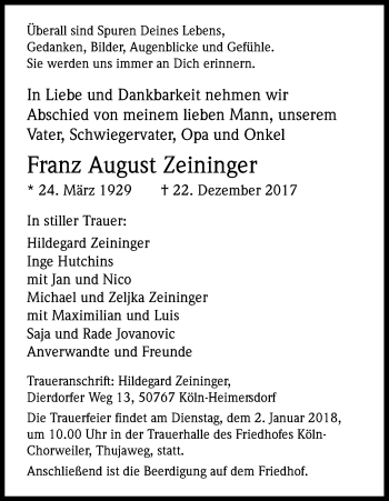 Anzeige von Franz August Zeininger von Kölner Stadt-Anzeiger / Kölnische Rundschau / Express