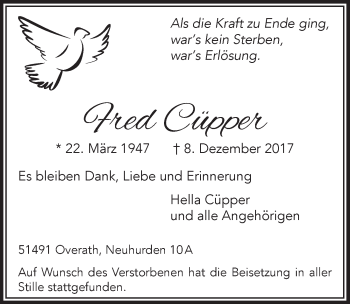 Anzeige von Fred Cüpper von  Bergisches Handelsblatt 