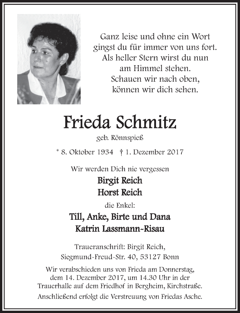  Traueranzeige für Frieda Schmitz vom 09.12.2017 aus  Sonntags-Post 