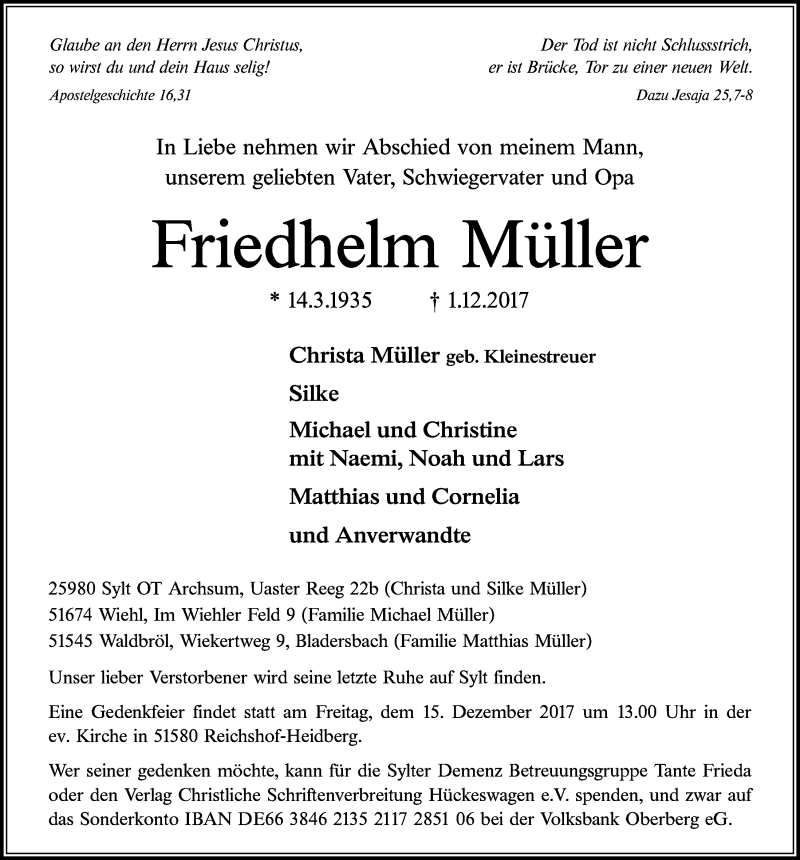  Traueranzeige für Friedhelm Müller vom 13.12.2017 aus  Anzeigen Echo  Lokalanzeiger 