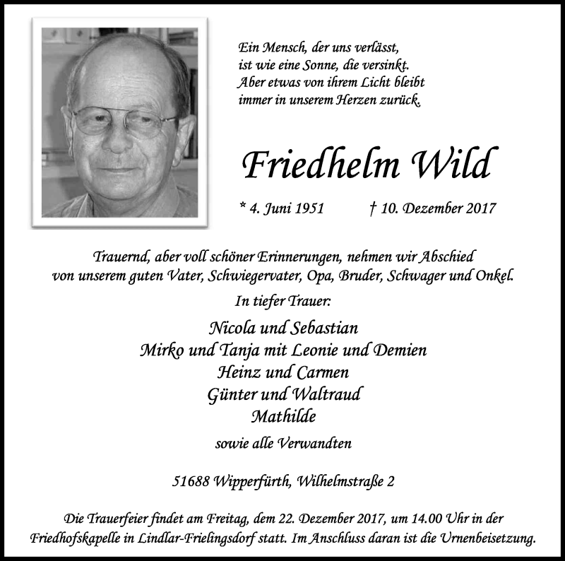  Traueranzeige für Friedhelm Wild vom 19.12.2017 aus Kölner Stadt-Anzeiger / Kölnische Rundschau / Express
