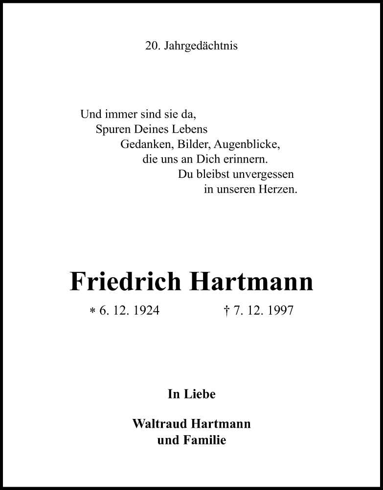  Traueranzeige für Friedrich Hartmann vom 07.12.2017 aus Kölner Stadt-Anzeiger / Kölnische Rundschau / Express