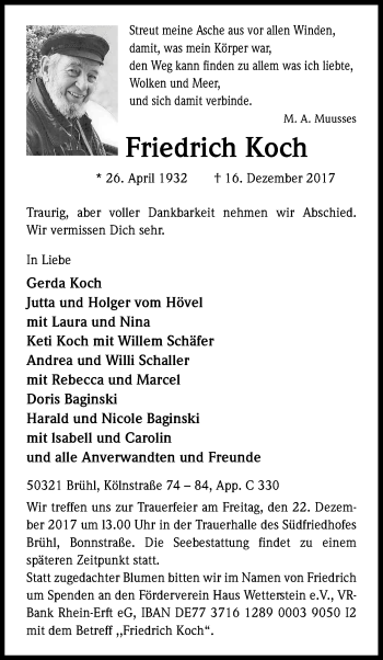 Anzeige von Friedrich Koch von Kölner Stadt-Anzeiger / Kölnische Rundschau / Express