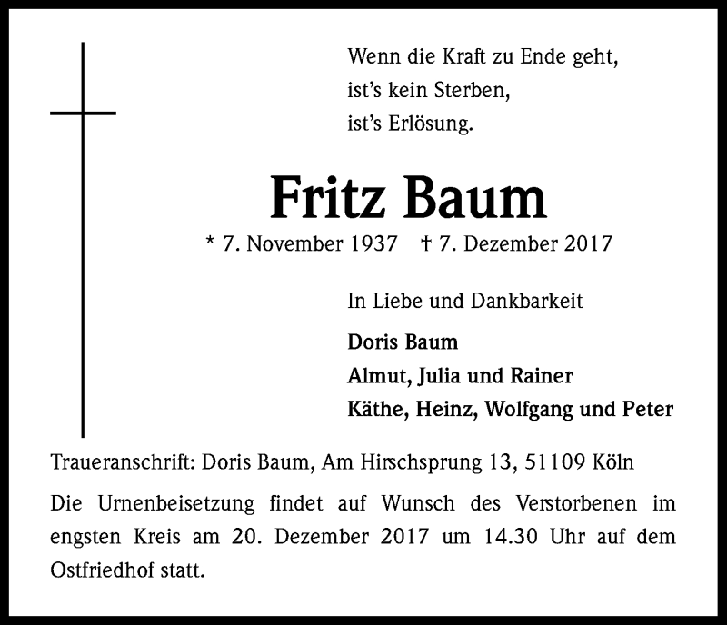  Traueranzeige für Fritz Baum vom 16.12.2017 aus Kölner Stadt-Anzeiger / Kölnische Rundschau / Express