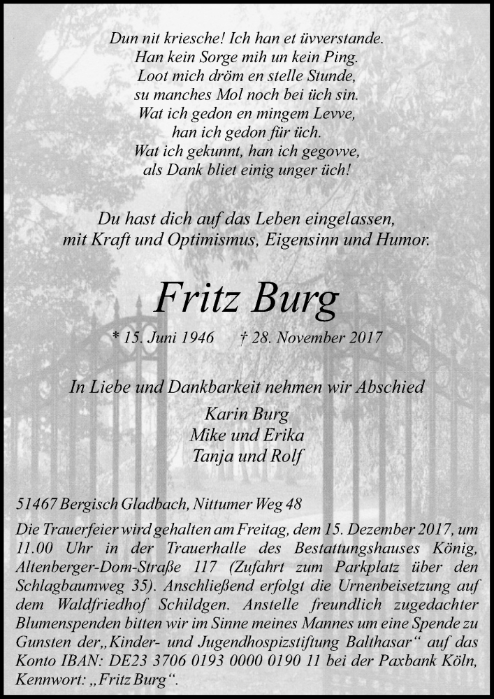  Traueranzeige für Fritz Burg vom 13.12.2017 aus  Bergisches Handelsblatt 