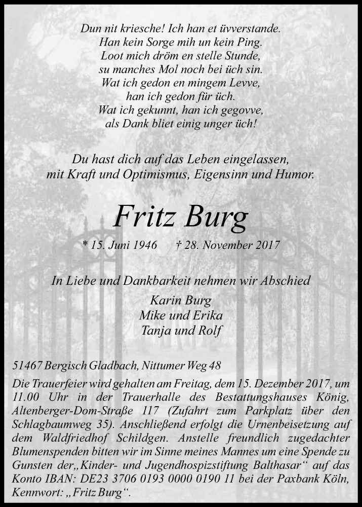 Traueranzeige für Fritz Burg vom 09.12.2017 aus Kölner Stadt-Anzeiger / Kölnische Rundschau / Express