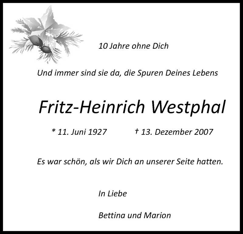  Traueranzeige für Fritz-Heinrich Westphal vom 16.12.2017 aus Kölner Stadt-Anzeiger / Kölnische Rundschau / Express