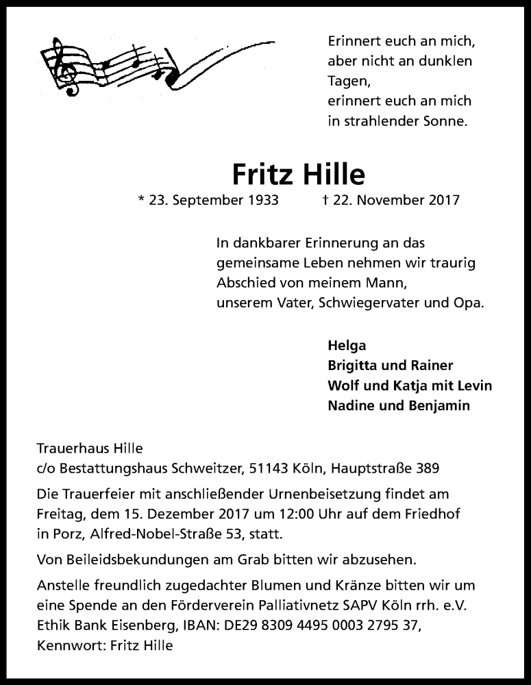  Traueranzeige für Fritz Hille vom 02.12.2017 aus Kölner Stadt-Anzeiger / Kölnische Rundschau / Express