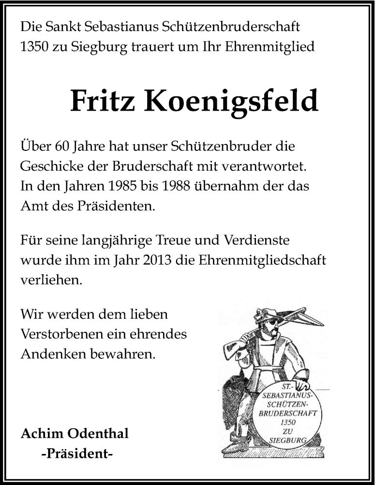  Traueranzeige für Fritz Koenigsfeld vom 20.12.2017 aus Kölner Stadt-Anzeiger / Kölnische Rundschau / Express