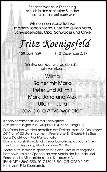 Anzeige von Fritz Koenigsfeld von Kölner Stadt-Anzeiger / Kölnische Rundschau / Express