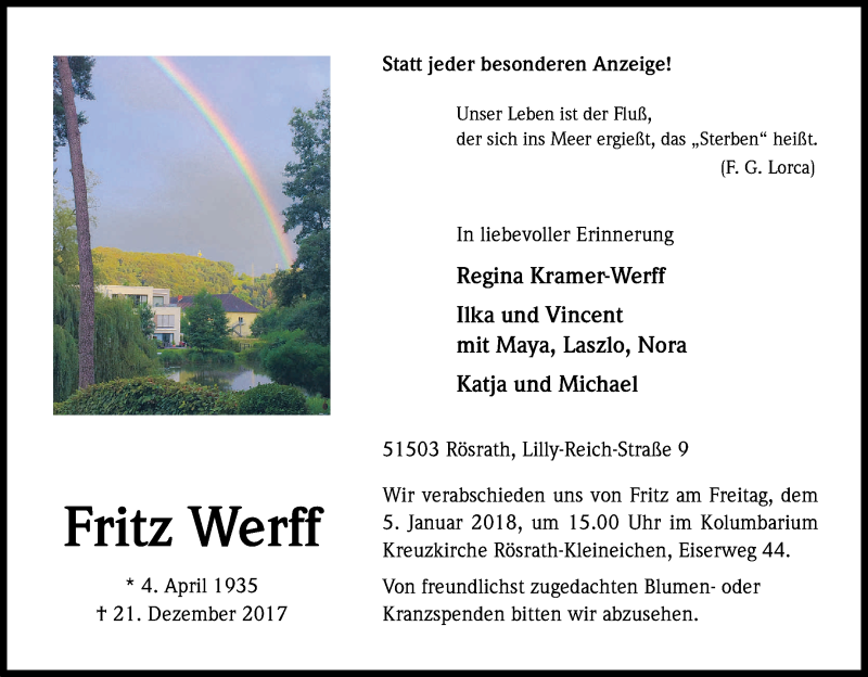  Traueranzeige für Fritz Werff vom 30.12.2017 aus Kölner Stadt-Anzeiger / Kölnische Rundschau / Express