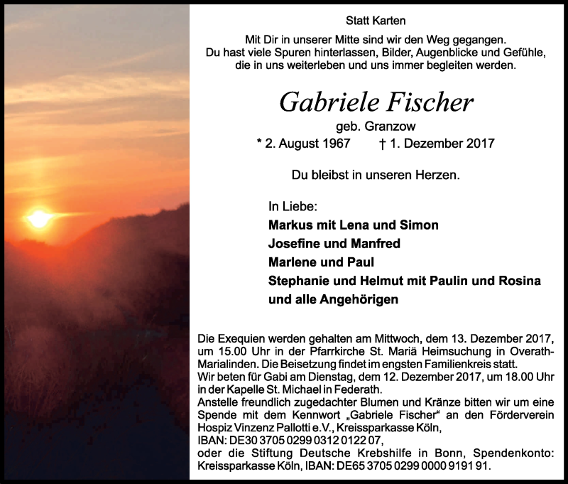  Traueranzeige für Gabriele Fischer vom 06.12.2017 aus Kölner Stadt-Anzeiger / Kölnische Rundschau / Express