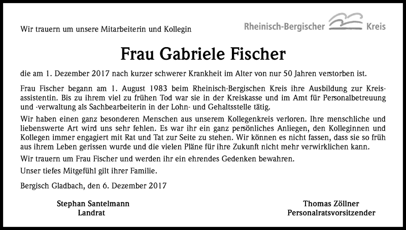  Traueranzeige für Gabriele Fischer vom 09.12.2017 aus Kölner Stadt-Anzeiger / Kölnische Rundschau / Express