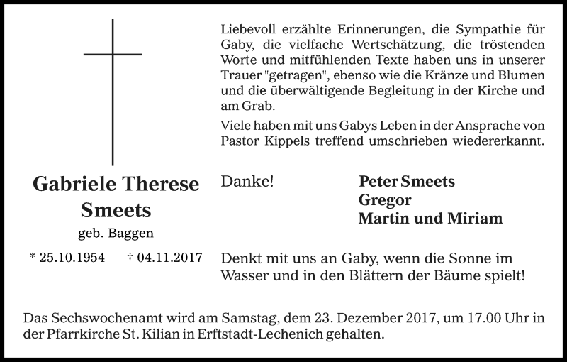  Traueranzeige für Gabriele Therese Smeets vom 16.12.2017 aus Kölner Stadt-Anzeiger / Kölnische Rundschau / Express