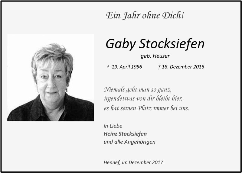  Traueranzeige für Gaby Stocksiefen vom 20.12.2017 aus  Extra Blatt 