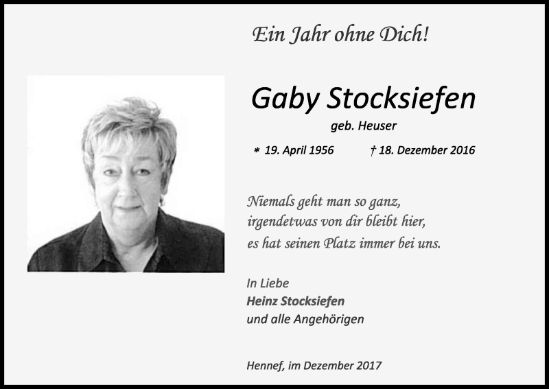  Traueranzeige für Gaby Stocksiefen vom 18.12.2017 aus Kölner Stadt-Anzeiger / Kölnische Rundschau / Express
