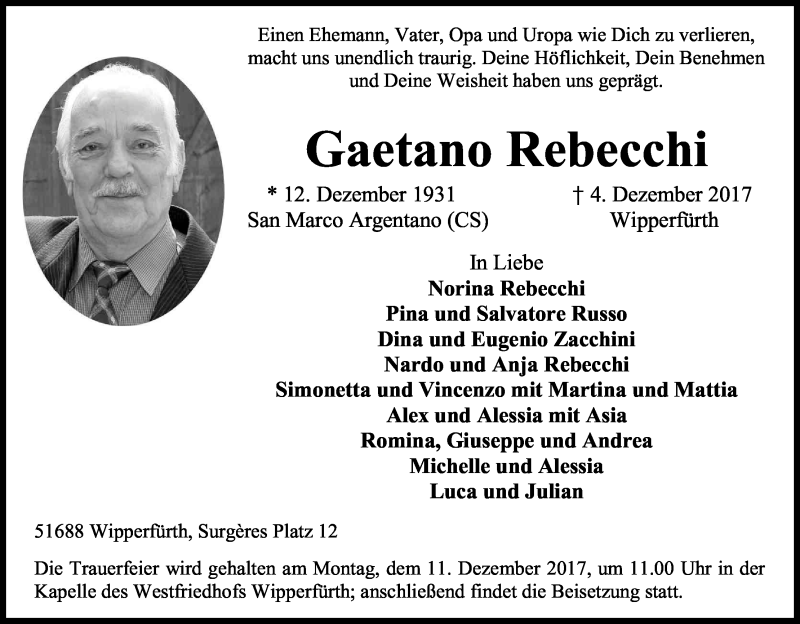  Traueranzeige für Gaetano Rebecchi vom 08.12.2017 aus Kölner Stadt-Anzeiger / Kölnische Rundschau / Express