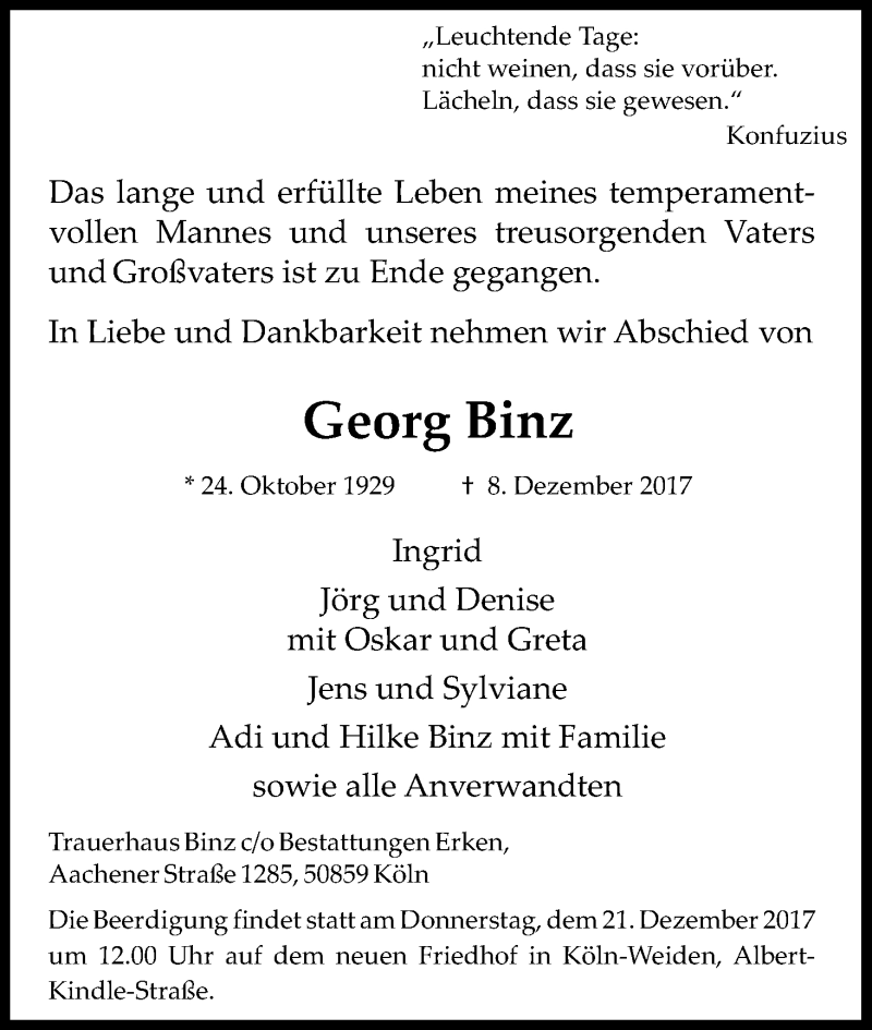  Traueranzeige für Georg Binz vom 16.12.2017 aus Kölner Stadt-Anzeiger / Kölnische Rundschau / Express