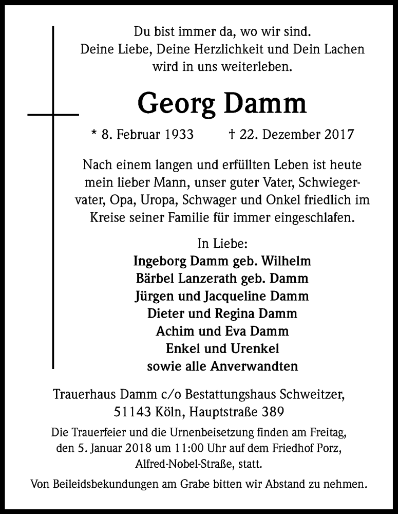  Traueranzeige für Georg Damm vom 30.12.2017 aus Kölner Stadt-Anzeiger / Kölnische Rundschau / Express