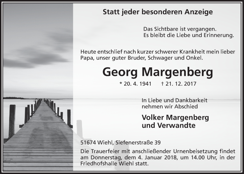  Traueranzeige für Georg Margenberg vom 28.12.2017 aus  Anzeigen Echo 
