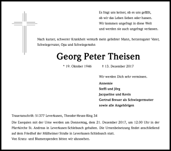 Anzeige von Georg Peter Theisen von Kölner Stadt-Anzeiger / Kölnische Rundschau / Express