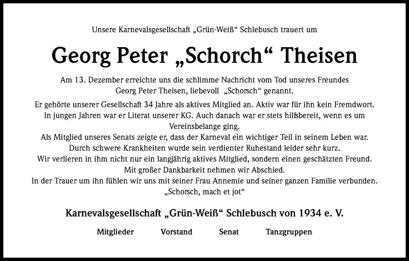  Traueranzeige für Georg Peter Theisen vom 20.12.2017 aus Kölner Stadt-Anzeiger / Kölnische Rundschau / Express