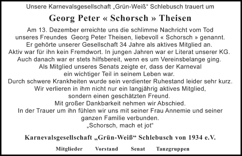  Traueranzeige für Georg Peter Theisen vom 20.12.2017 aus  Lokale Informationen 
