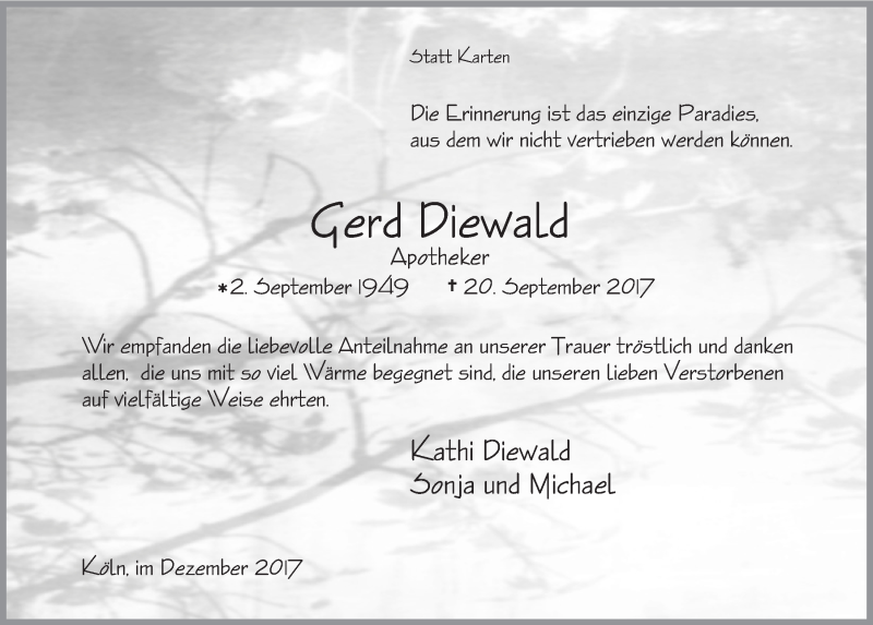  Traueranzeige für Gerd Diewald vom 02.12.2017 aus  Blickpunkt Euskirchen 