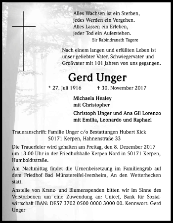 Anzeige von Gerd Unger von Kölner Stadt-Anzeiger / Kölnische Rundschau / Express