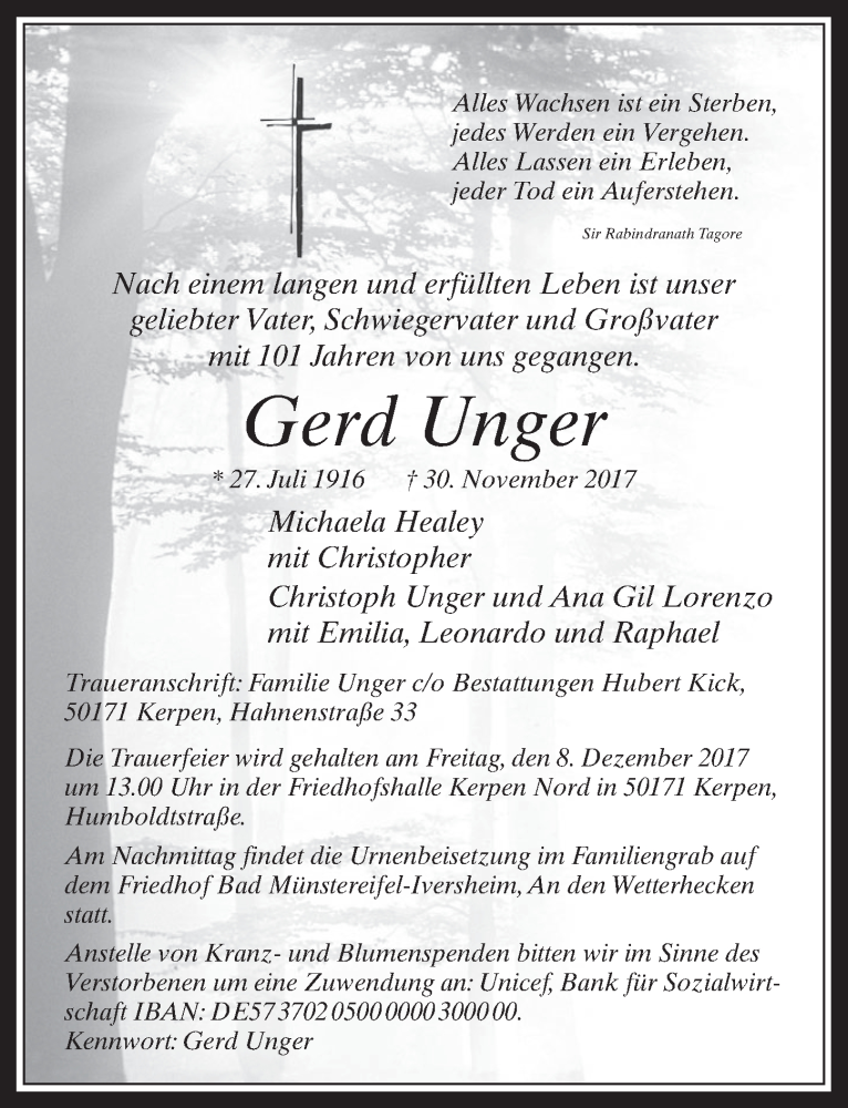  Traueranzeige für Gerd Unger vom 06.12.2017 aus  Werbepost 