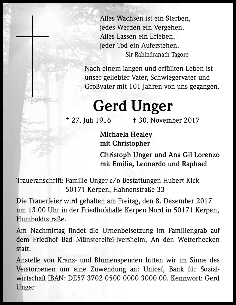  Traueranzeige für Gerd Unger vom 06.12.2017 aus Kölner Stadt-Anzeiger / Kölnische Rundschau / Express