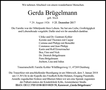 Anzeige von Gerda Brügelmann von Kölner Stadt-Anzeiger / Kölnische Rundschau / Express