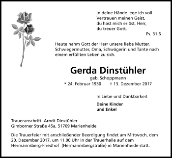 Anzeige von Gerda Dinstühler von Kölner Stadt-Anzeiger / Kölnische Rundschau / Express