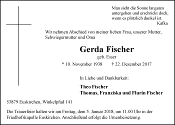Anzeige von Gerda Fischer von  Blickpunkt Euskirchen 