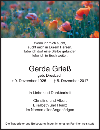 Anzeige von Gerda Grieß von  Bergisches Handelsblatt 