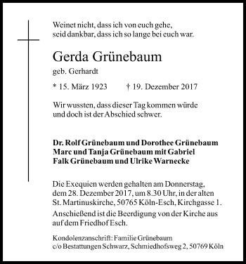 Anzeige von Gerda Grünebaum von Kölner Stadt-Anzeiger / Kölnische Rundschau / Express
